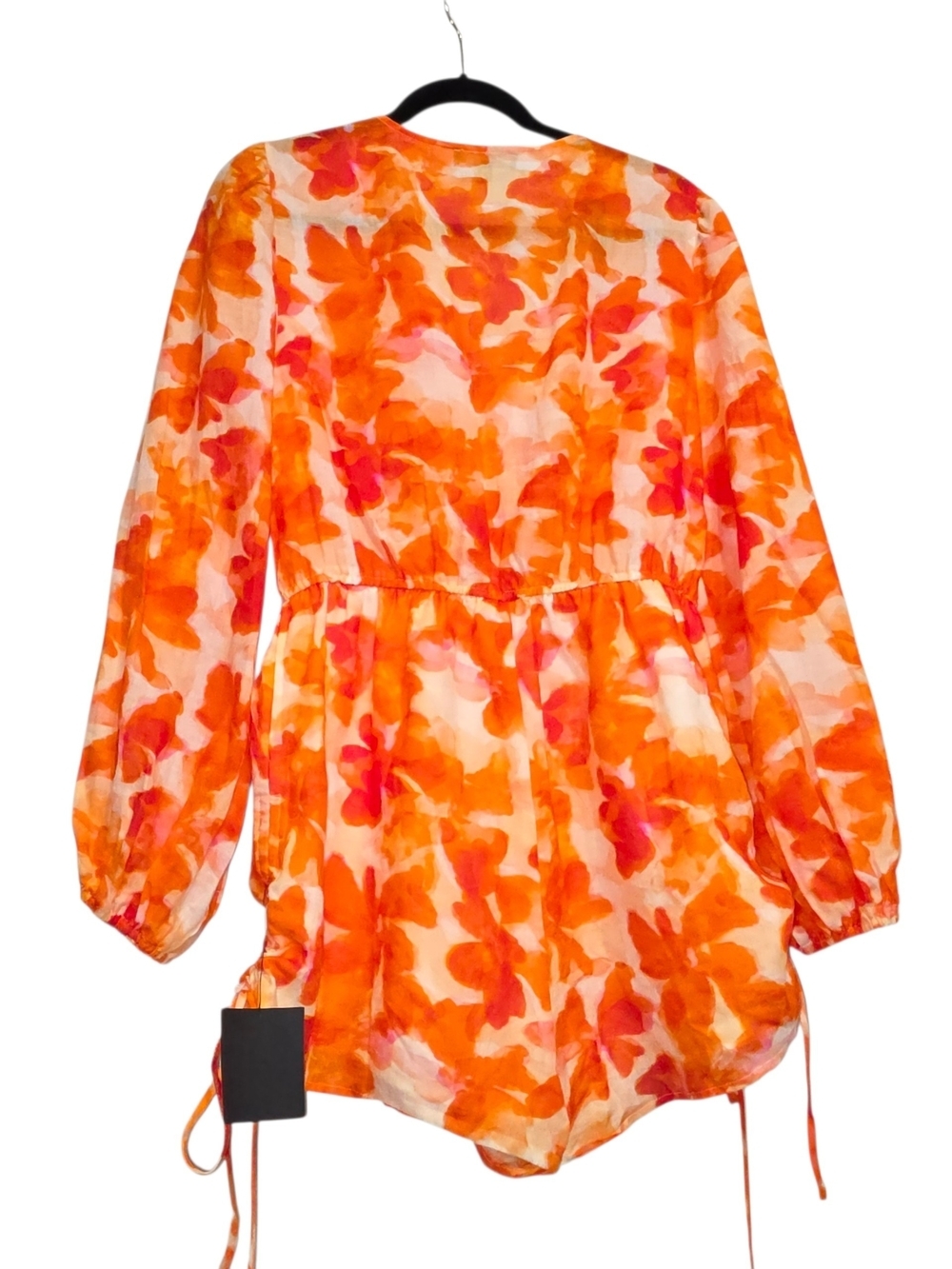 Lulus Sunny Demeanor Orange Floral Linen Blend Romper Long Sleeve Drawstring L - Picture 4 of 11